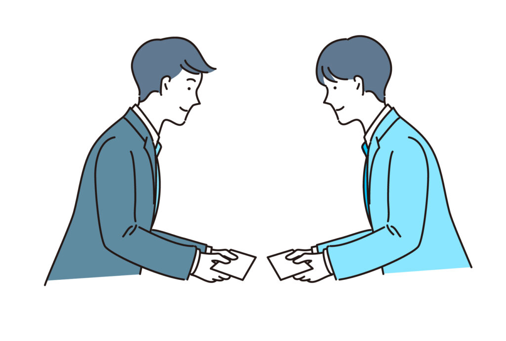 スーツを着た二人の男性が名刺交換をしているシーンのイラスト