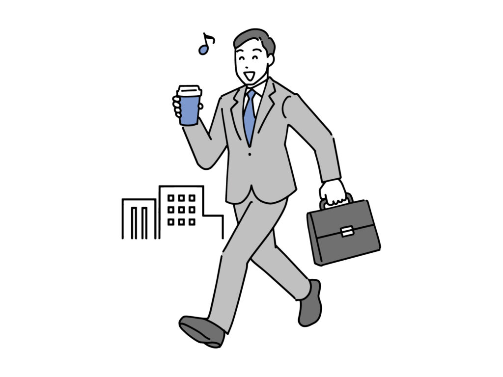 スーツを着た男性が美容を取り入れ清潔感を得たことで自信を持ち、気分よく通勤している様子のイラスト