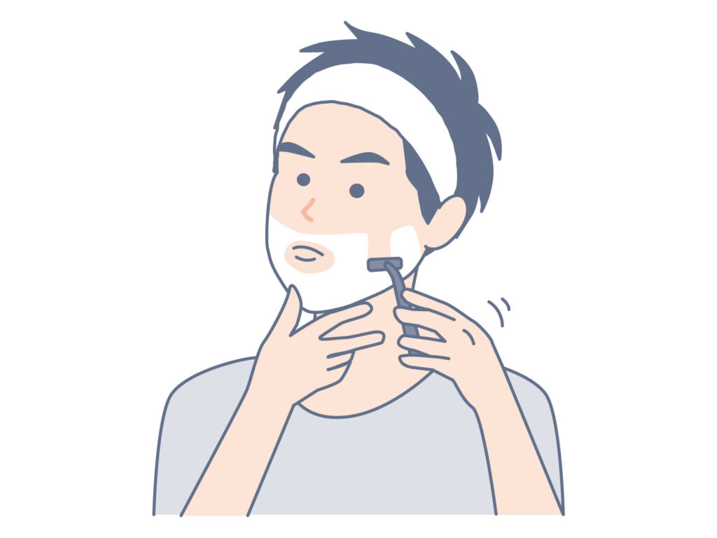 男性が鼻から下にシェービングフォームをつけT字カミソリで髭を剃っている様子のイラスト