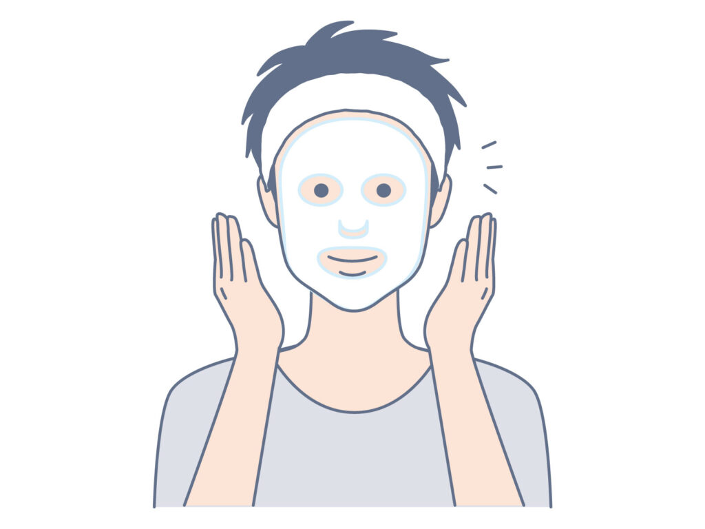 ヘアバンドをつけた男性がフェイスマスクをつけたイラスト