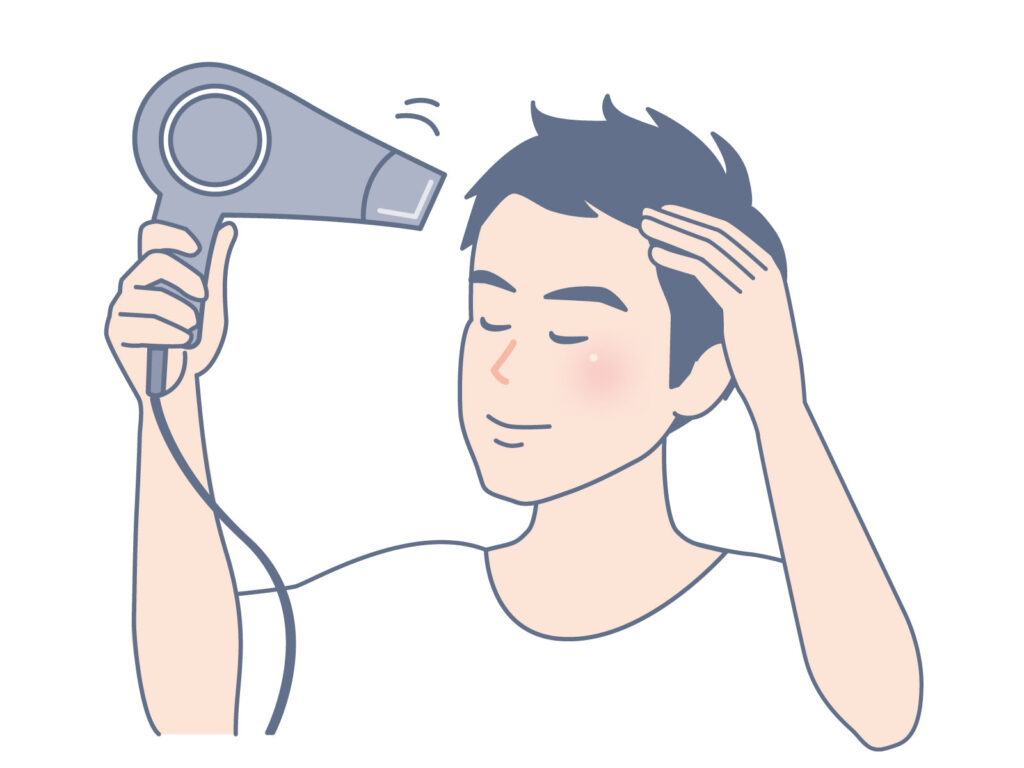 男性が目を瞑ってリラックスした様子でドライヤーで髪を乾かしている様子のイラスト